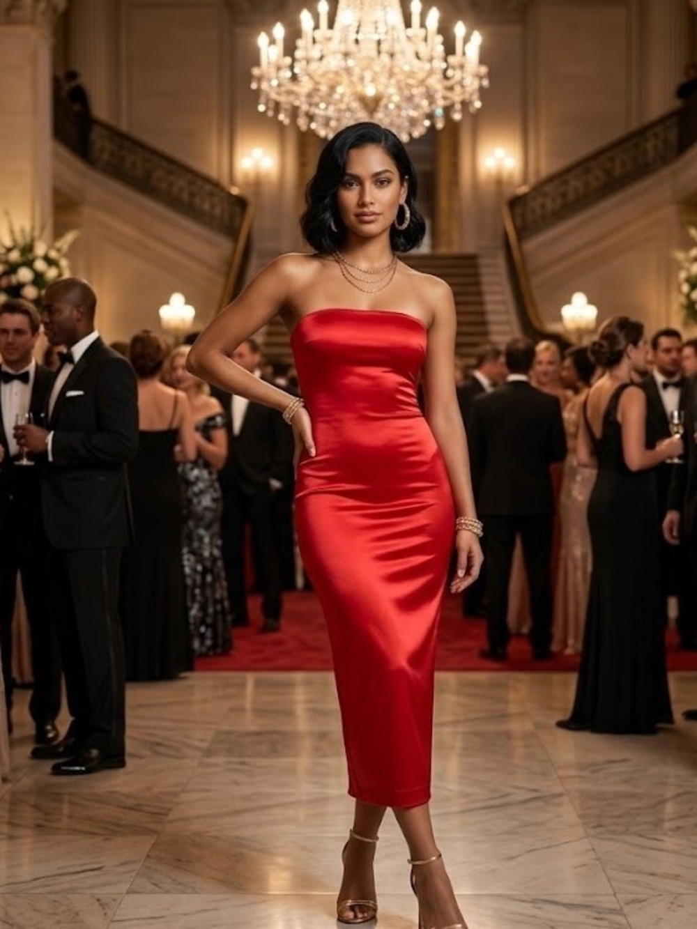 House of Harlow 1960 Red Strapless Satin Midi Dress